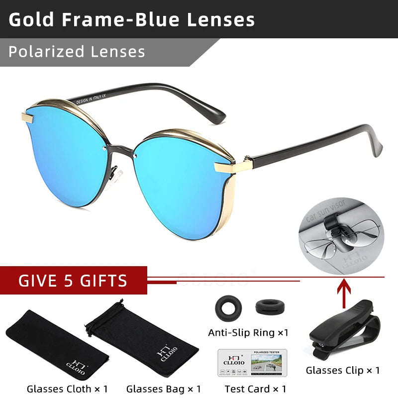 CLLOIO polarized sunglasses with gold frame and blue lenses; bundle includes 5 gifts