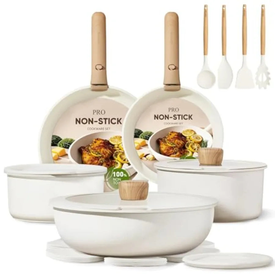 White ceramic non-stick cookware set with wooden handles; includes four wooden utensils.