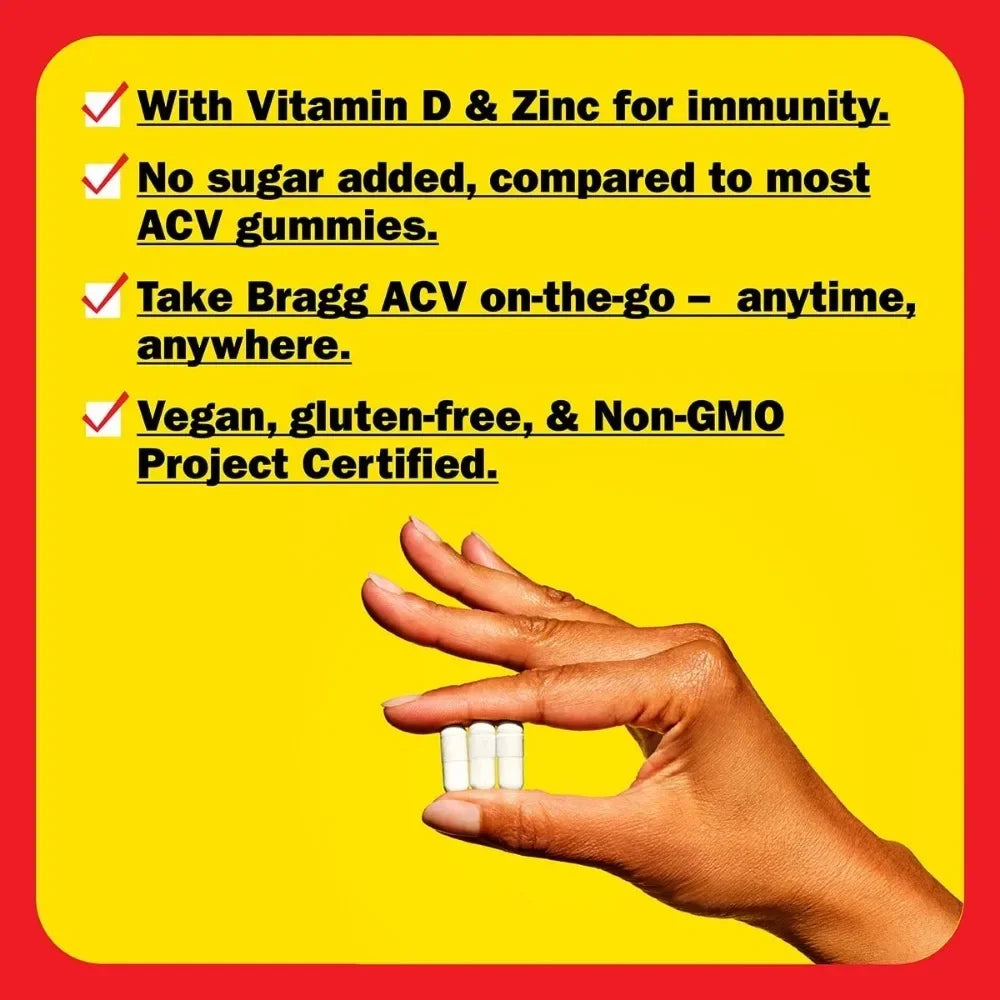 Apple Cider Vinegar capsules (3) with vitamin D3 & zinc, vegan, non-GMO, Bragg ACV on-the-go