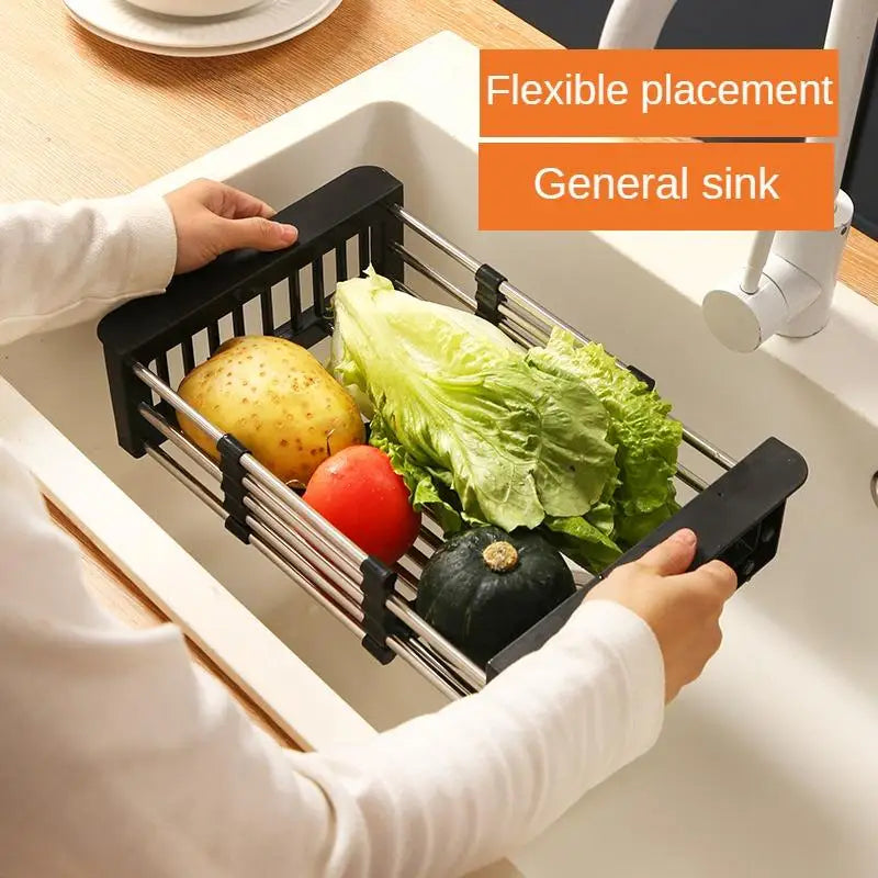 Adjustable stainless steel dish drying rack over sink, retractable and space-saving kitchen drainer