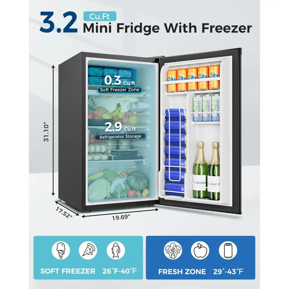 Mini fridge, black 3.2 cu ft with freezer and adjustable thermostat