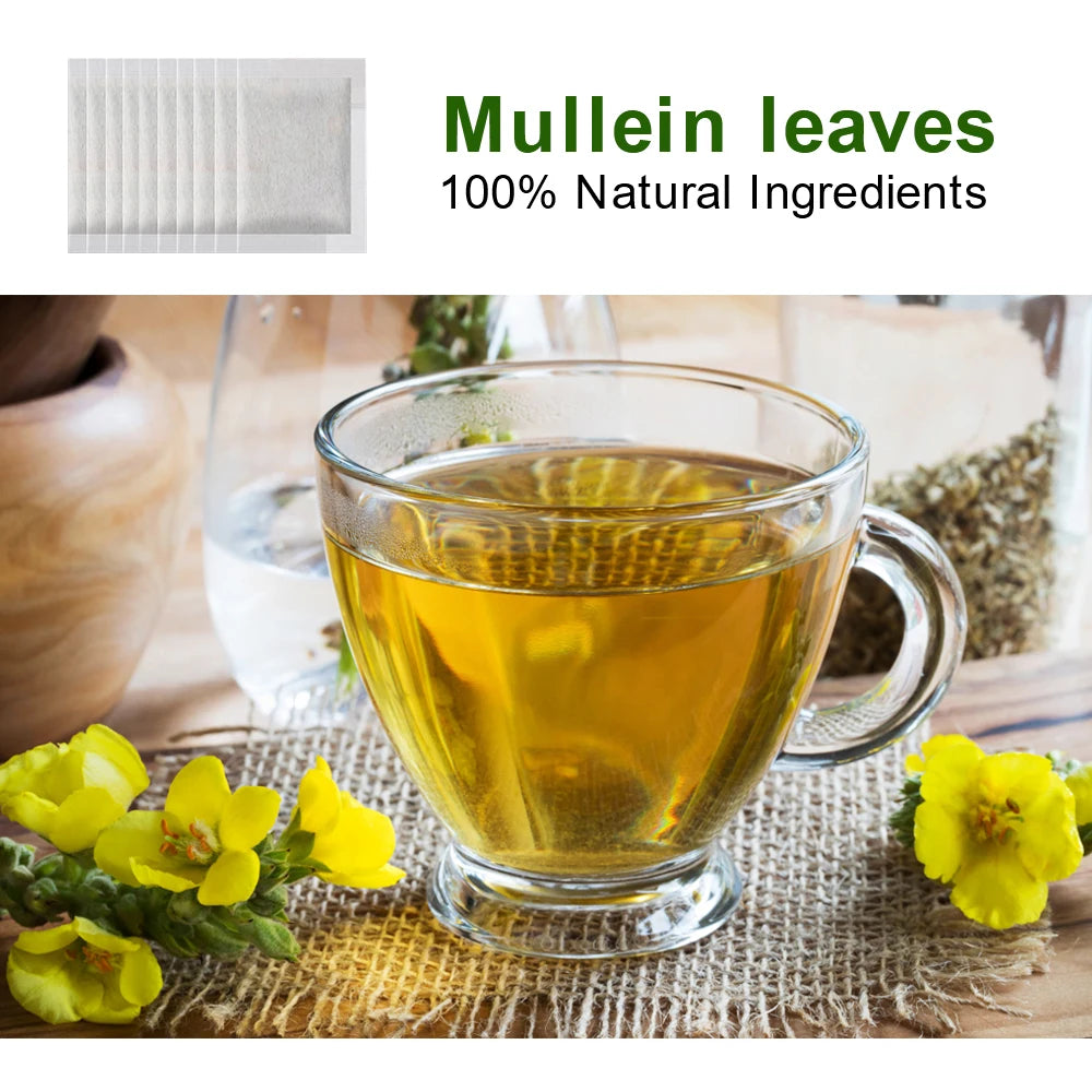 Mullein leaf herbal tea in a clear glass mug with a golden brew, yellow flowers and sachets in the background