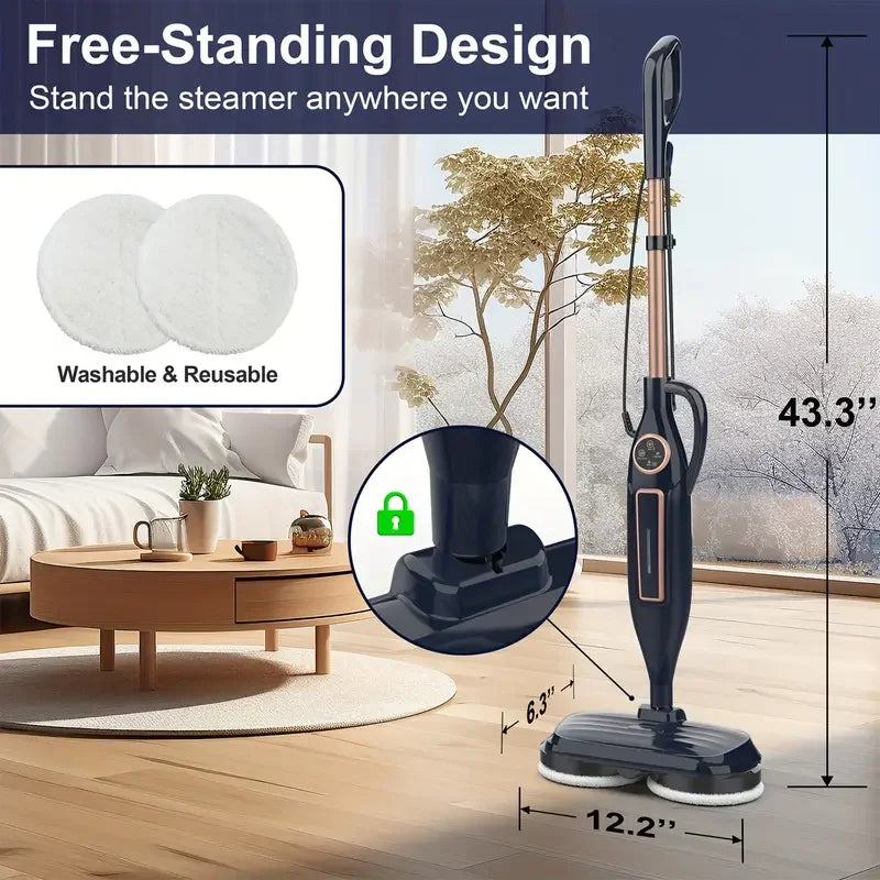 VM6 Steam Mop Cleaner by S And B Enterprise; dark-blue 1300W floor steamer with rotating pads and LED headlights