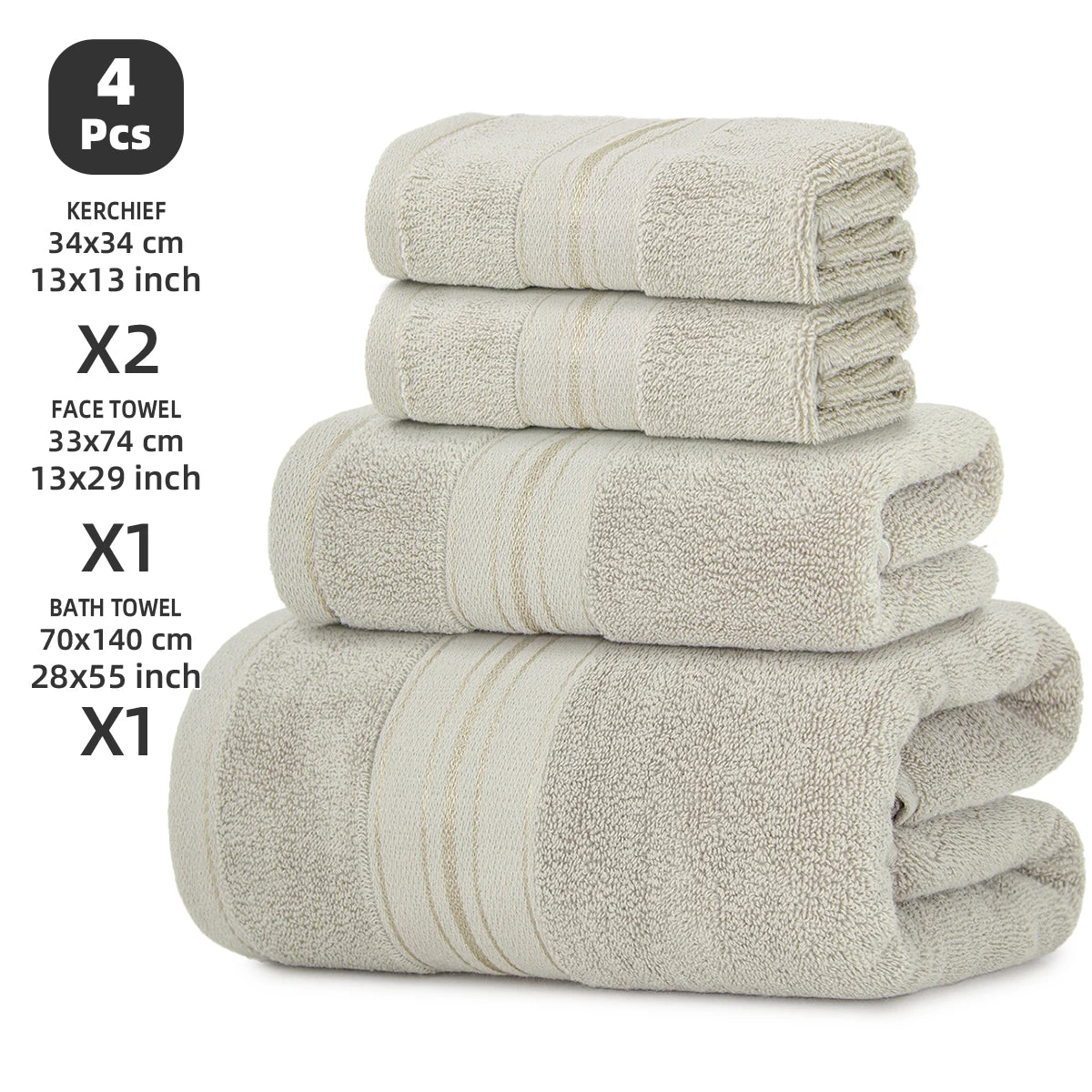 4-Piece luxury cotton bath towel set in cream with 1 bath towel, 1 face towel, and 2 washcloths