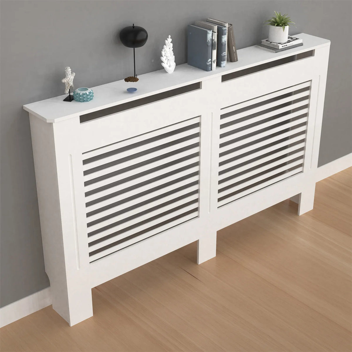 Radiator cover cabinet by S And B Enterprise; white MDF with horizontal slatted grill