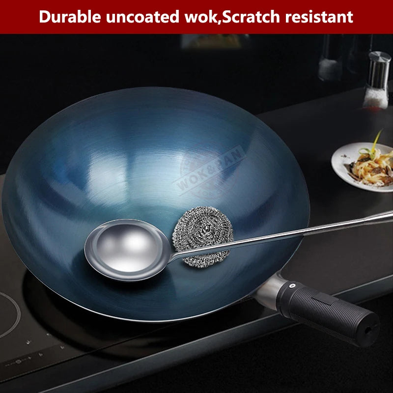 32/34cm Seasoning Blue Iron Wok Uncoated Nonstick Pot Lightweight Classic Chef Wok Outdoor Kitchen Cookware for Gas Stove by S And B Enterprise