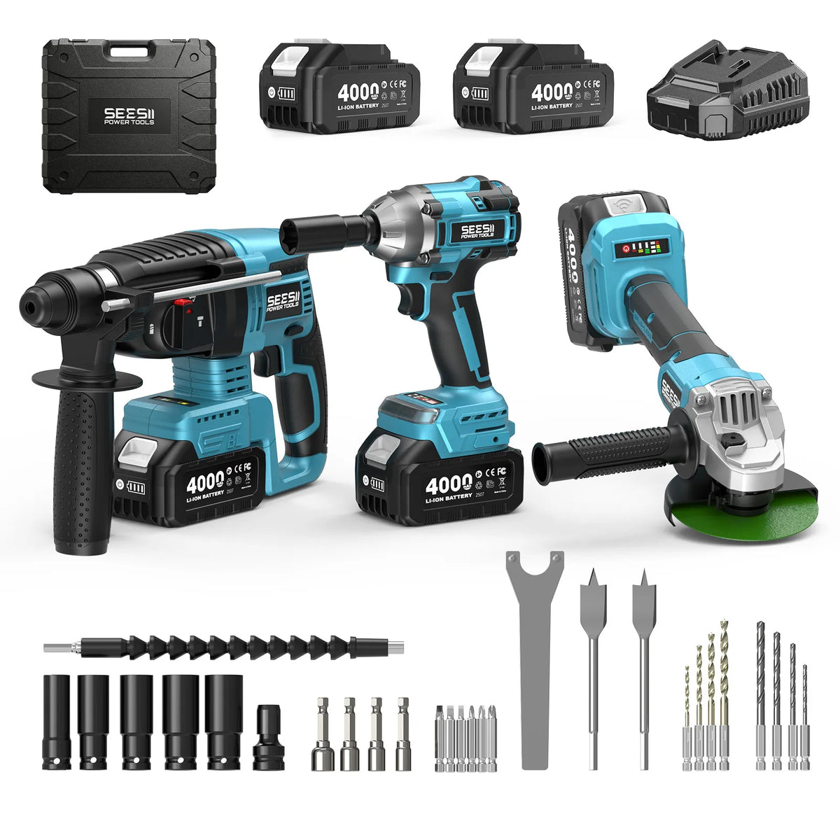 Seesii 3-in-1 cordless tool kit: rotary hammer drill, impact wrench, angle grinder in blue/black with 2x4.0Ah batteries