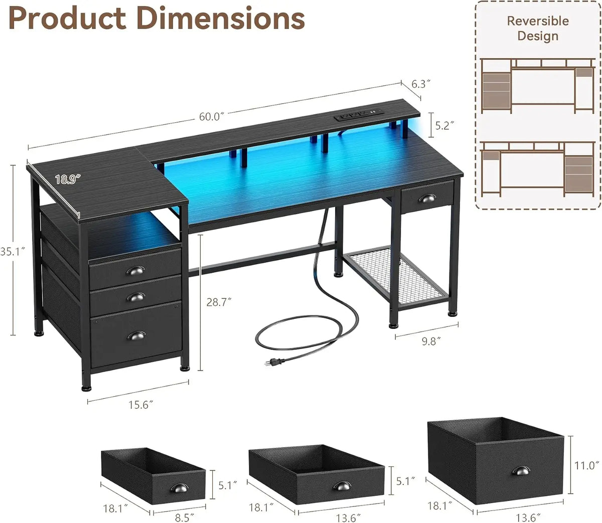 60-inch black computer desk with 4 drawers, printer space, LED lighting, USB outlets by S And B Enterprise
