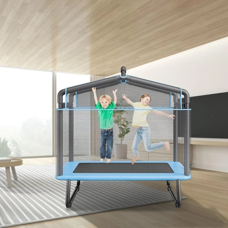 6FT Trampoline for Kids with blue frame and safety enclosure net; indoor/outdoor use, two kids jumping.
