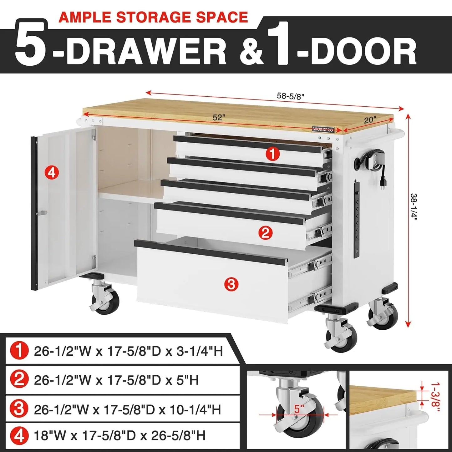 52" x 20" 5-Drawer & 1-Door Rolling Tool Chest, Heavy Duty Tool Chest with Wheels, Power Strip, Locking System,, Customized by S And B Enterprise