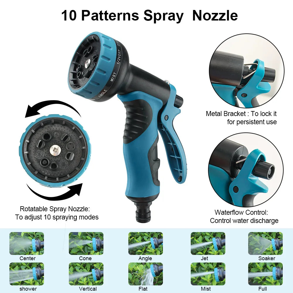 Blue and black adjustable garden hose nozzle with 10 spray patterns