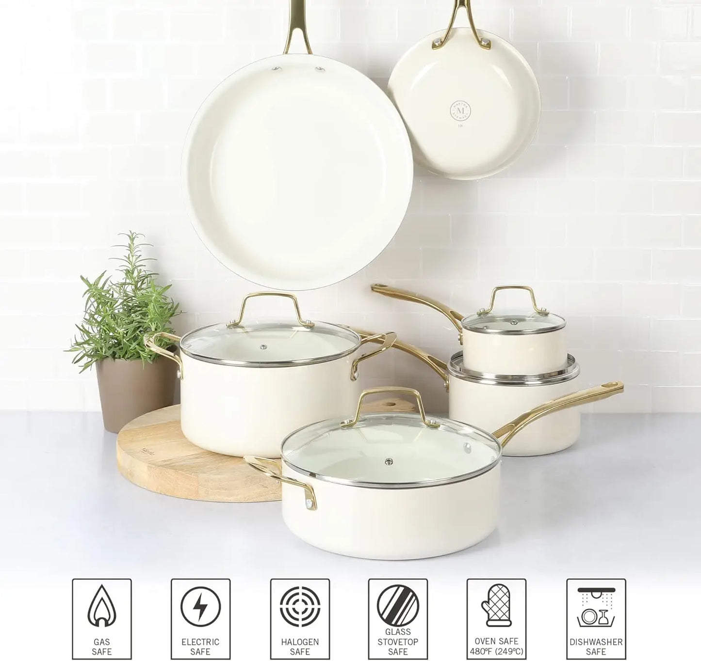 Ceramic Non-Toxic Cookware Set With Gold Handles For Everyday Cooking