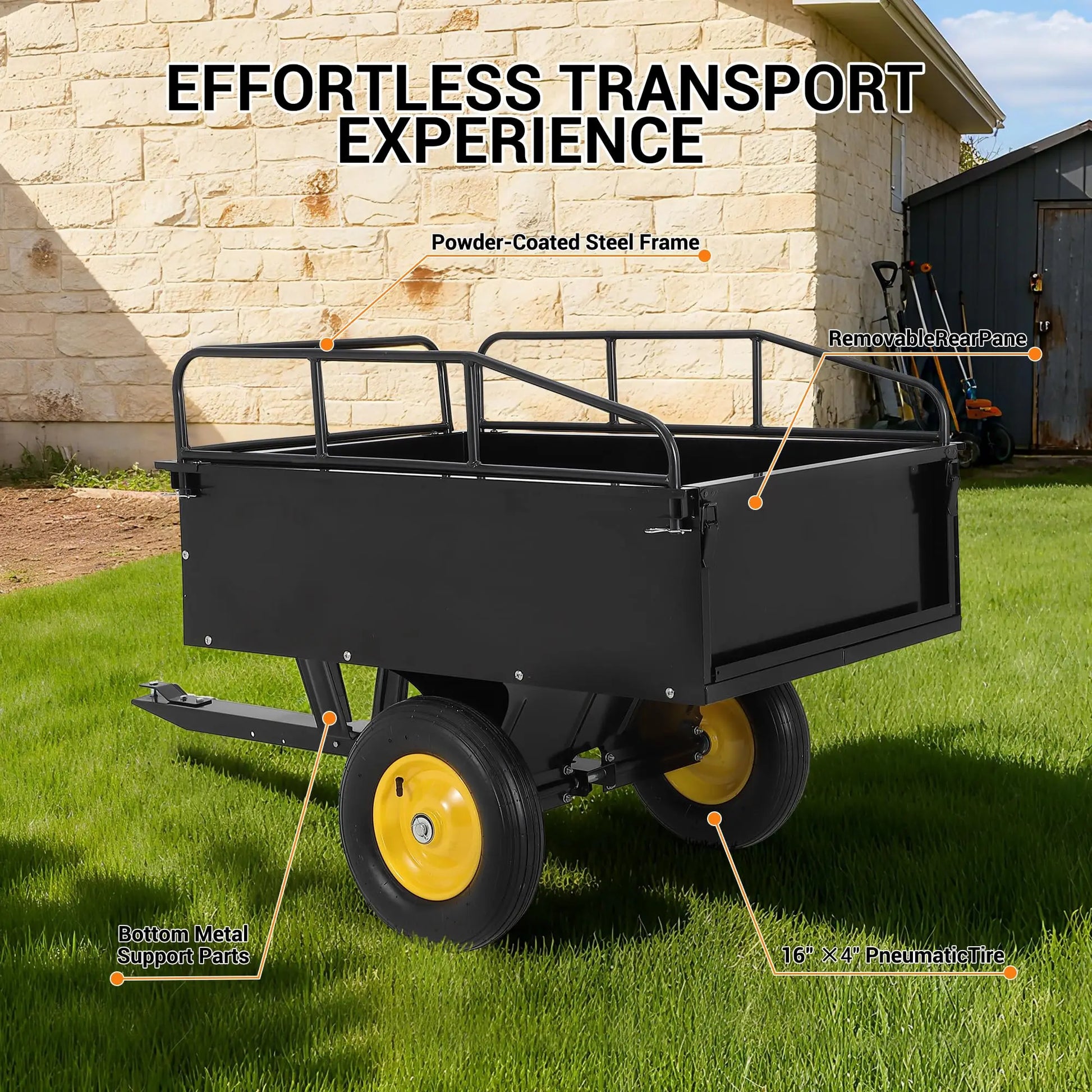 Dump cart with removable sides, black powder-coated steel, and yellow wheels.