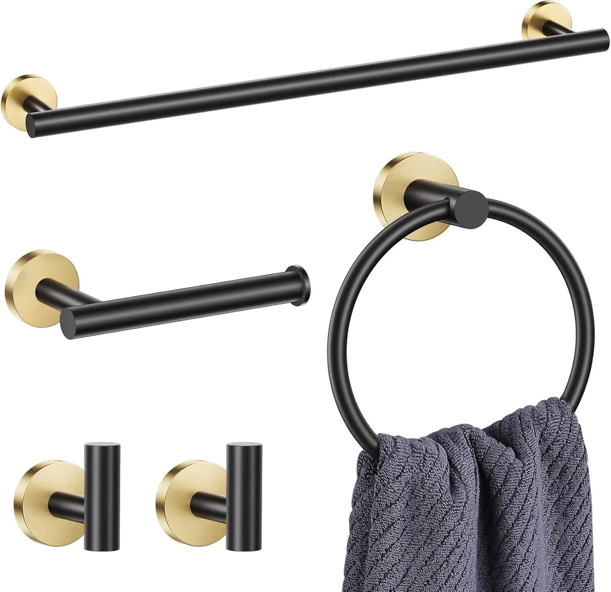 S And B Enterprise black gold bathroom hardware set with wall-mounted towel bar, towel ring and hooks