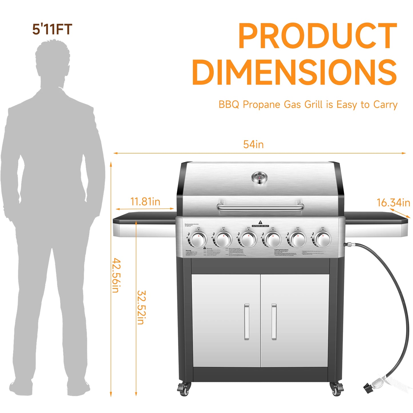 Propane Gas Grill 60,000 BTU Cabinet With Warming Rack