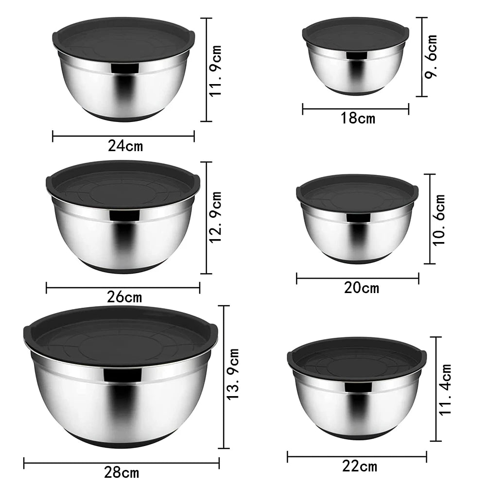 LMETJMA 6 Pcs Stainless Steel Mixing Bowls with Black Lids Kitchen Nesting Salad Mixing Bowl With Non-slip Silicone Bottom JT327 by S And B Enterprise