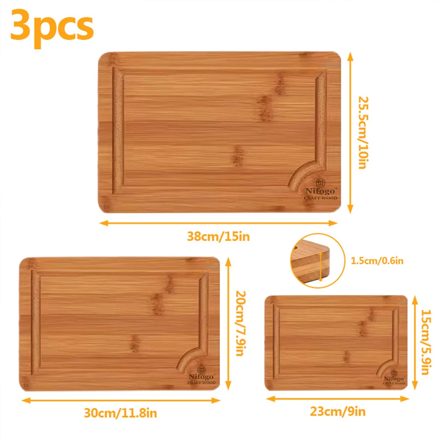 Bamboo Cutting Boards 3-Piece Set (S/M/L) with Juice Grooves & Non-Slip Handles, Durable Chopping Boards & Serving Trays by S And B Enterprise