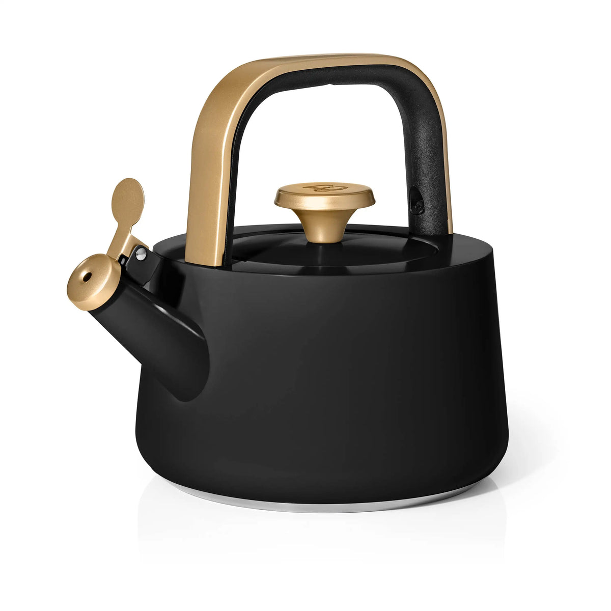 Tea kettle: black ceramic non-stick 1.8L stovetop with gold-tone handle.