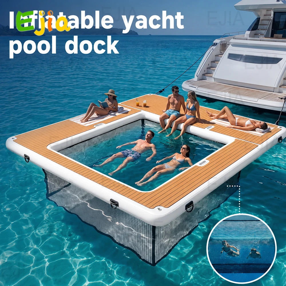 Inflatable pool dock 13ft x 10ft with wooden deck and safety mesh for yacht/boat water activities