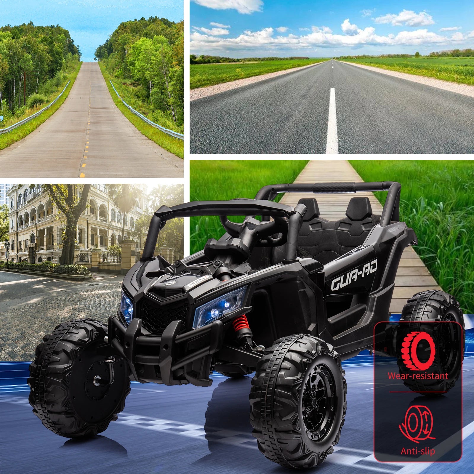 24V kids ride-on UTV 2-seat, black metal-frame with remote, dual 200W motors by S And B Enterprise