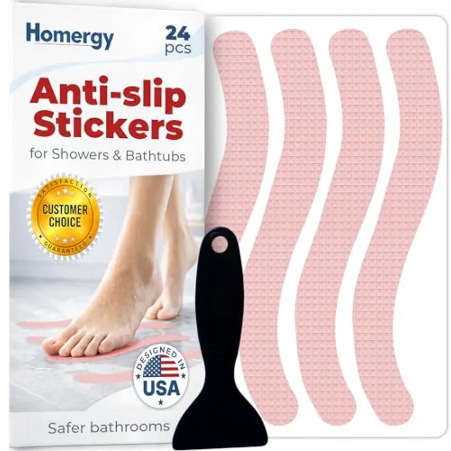 Anti-slip shower stickers by Homergy, 24 pcs pink textured bath strips with application spatula.