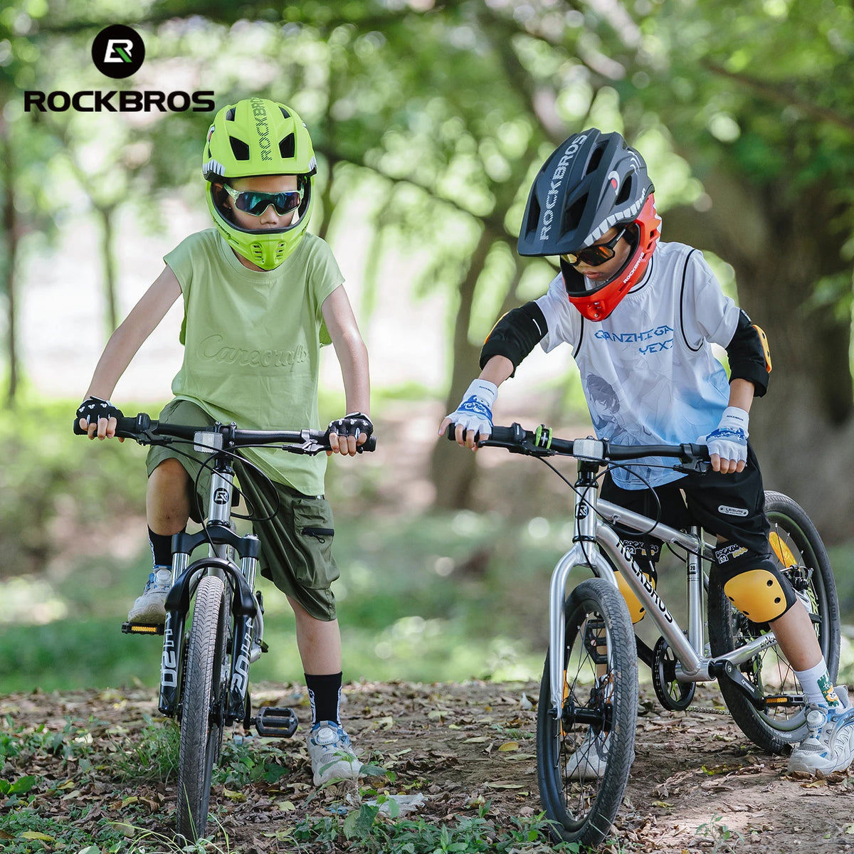 ROCKBROS child cycling helmet with full-face design, lime green and dark blue, worn by two kids on bikes.