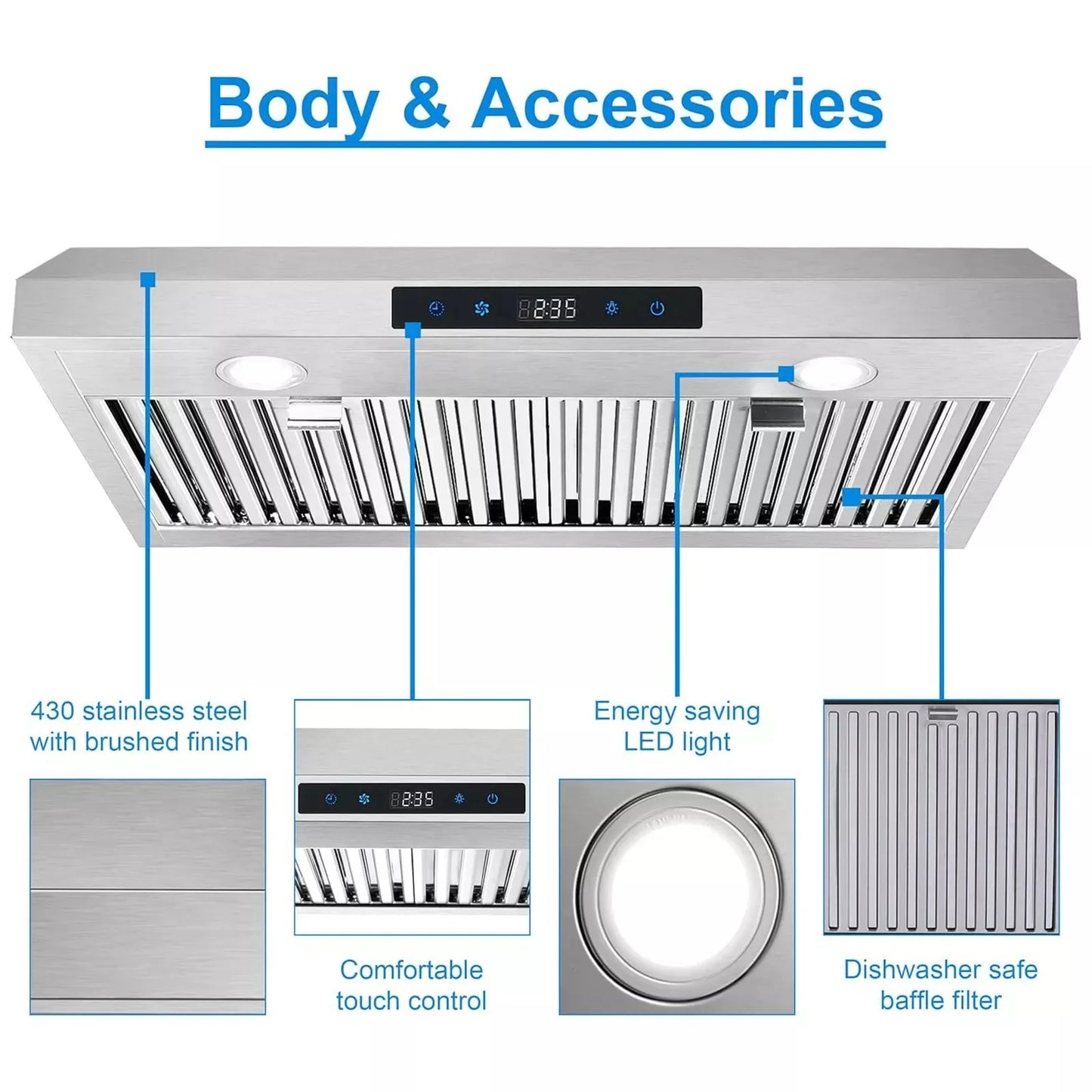 Tieasy Under Cabinet 600 CFM 3 Speed LED Range Hood