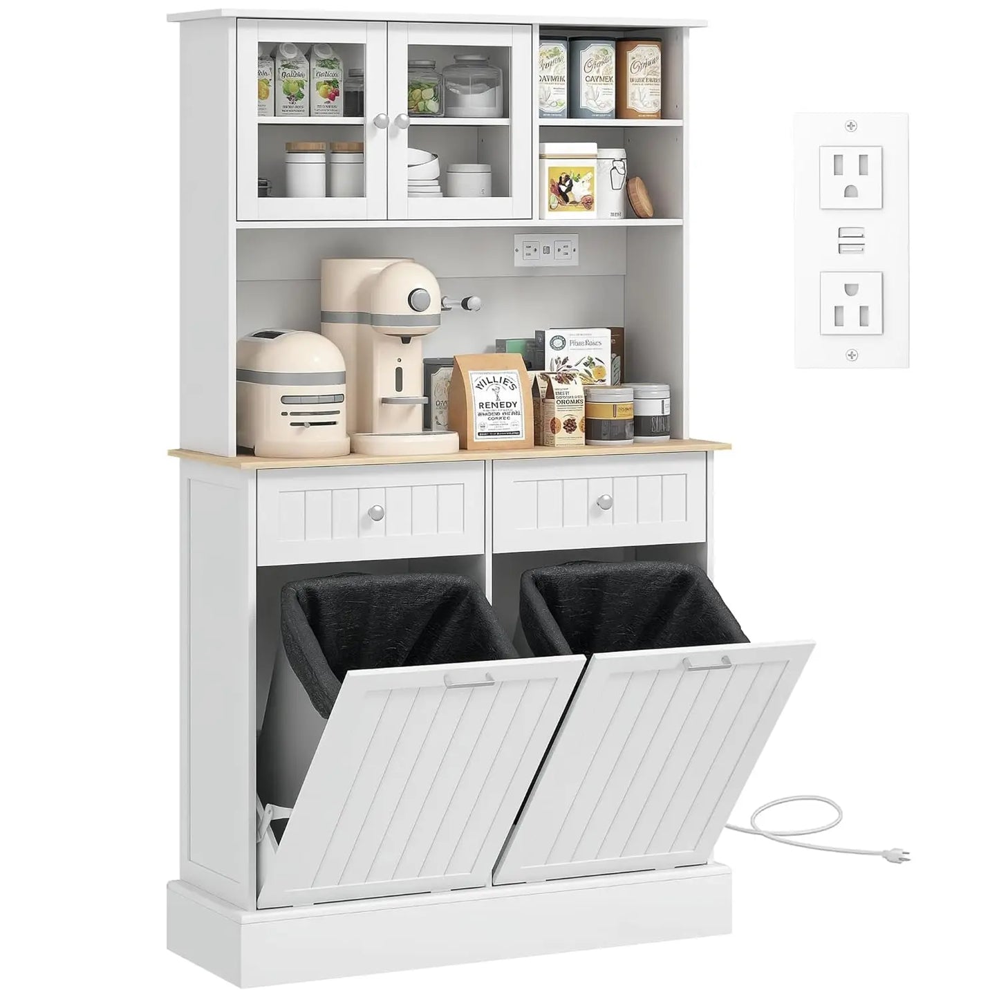 68" Kitchen Pantry Storage Cabinet with Charging Station, 2 Tilt Out 10 Gallon Trash Can Cabinets and Drawers,, Customized by S And B Enterprise