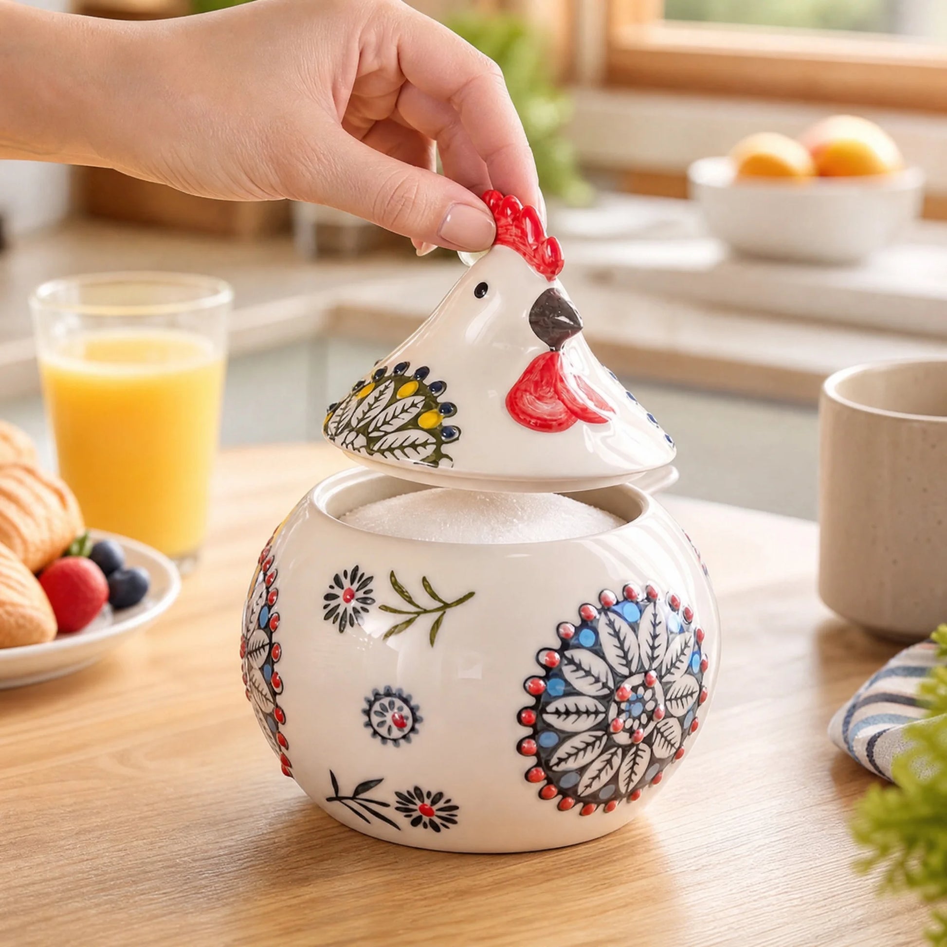 Porcelain Salt Cellar With Lid And Spoon Floral Chicken Design by S And B Enterprise