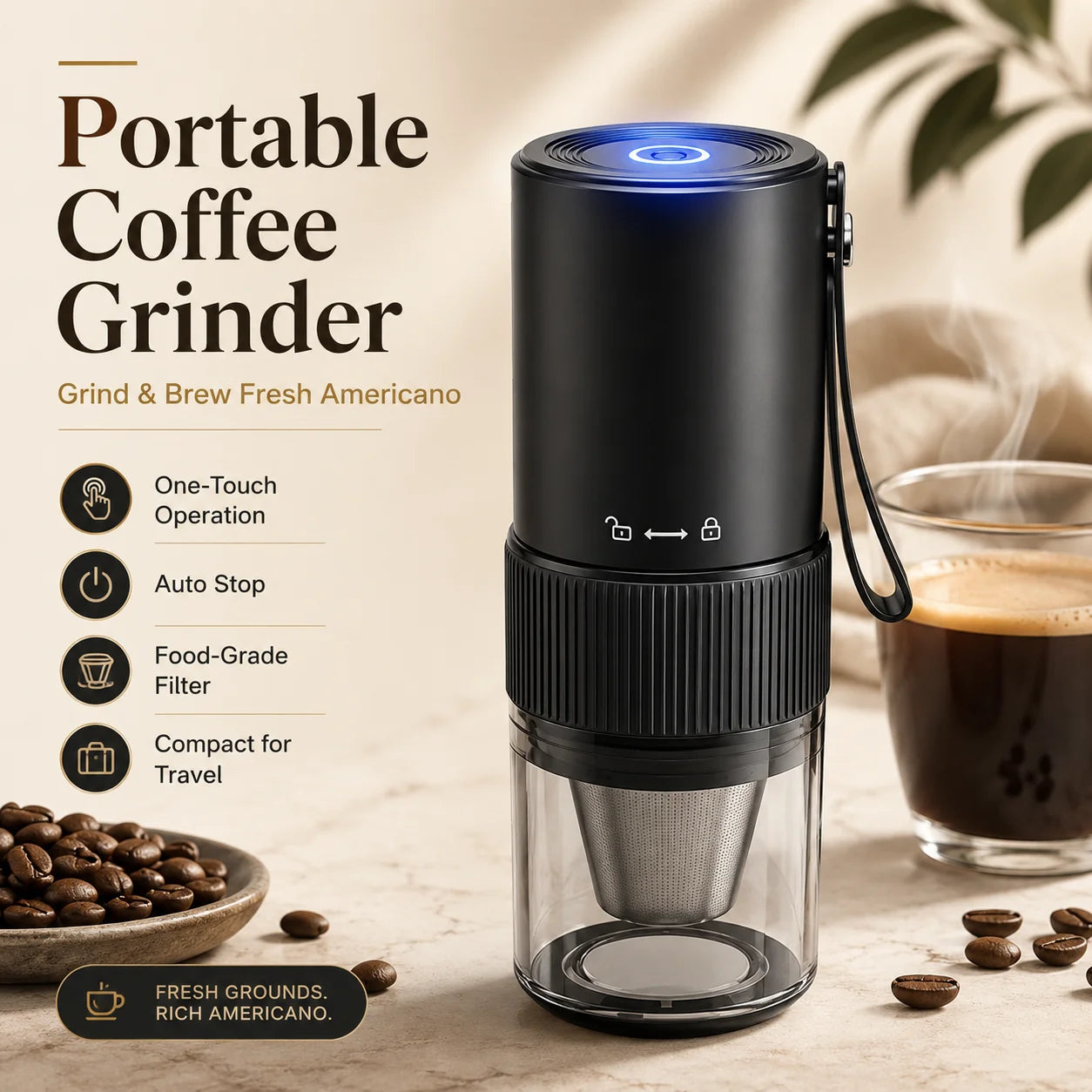 Portable electric coffee grinder in black with blue LED top, clear lower chamber and stainless steel filter