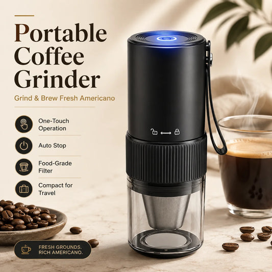 Portable electric coffee grinder in black with blue LED top, clear lower chamber and stainless steel filter