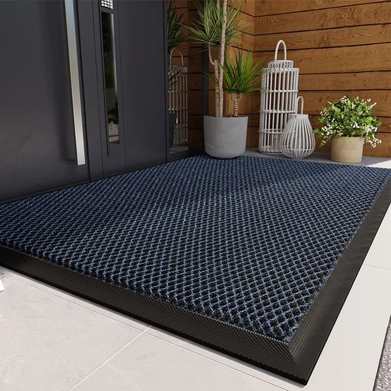 Door mat by S And B Enterprise, comfortable, resilient outdoor entrance carpet; blue/black non-slip front doormat.