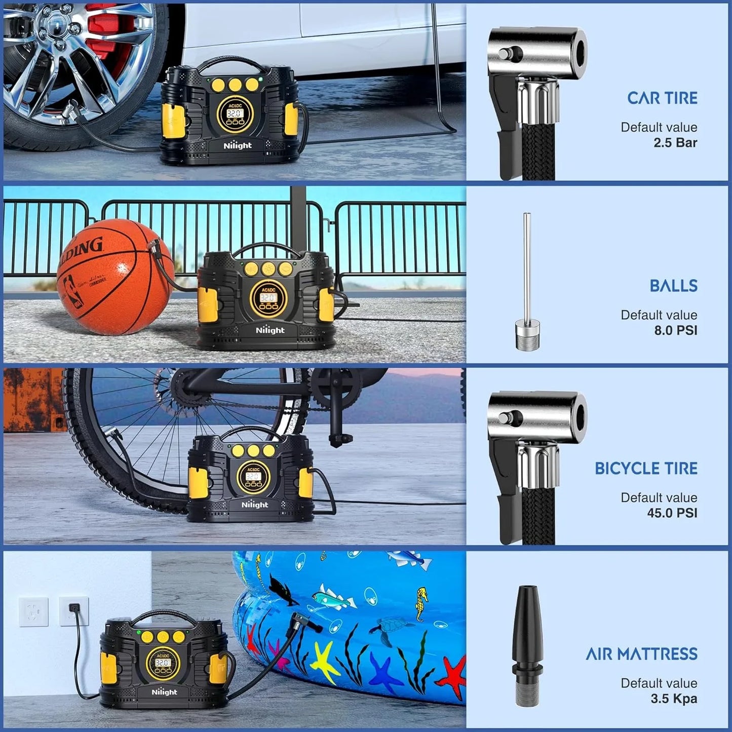 Nilight tire inflator portable air compressor with digital gauge, dual power 12V DC/110V AC, for cars and SUVs