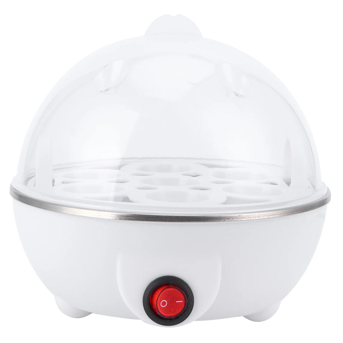 White electric egg cooker with clear dome lid and red power switch