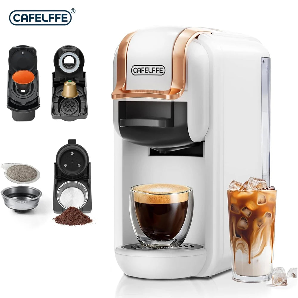 Cafelffe 4In1 Capsule Coffee Machine, white with copper accents, 19-bar, includes 4 adapters for Nes/DG/44mm ESE pods