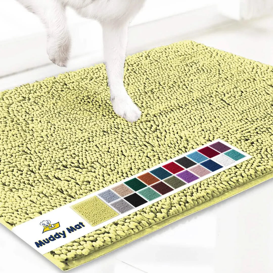 Original Muddy Mat doormat in yellow microfiber with color-swatch label; white dog paw on mat