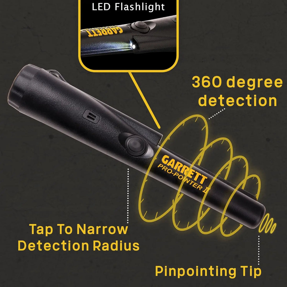 Two-piece treasure-hunting metal detector set in camo black, waterproof; 360° detection; Garrett ProPointer pinpointer.