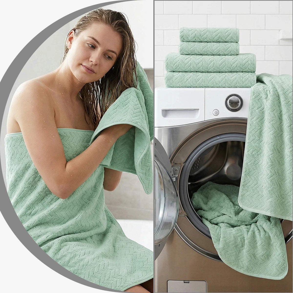 12-piece towel set in mint green; 2 bath, 4 hand, 6 face towels; soft, highly absorbent