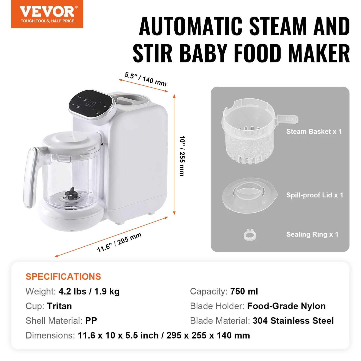VEVOR Baby Food Maker 430W 5 In 1 Blender Steamer Grinder