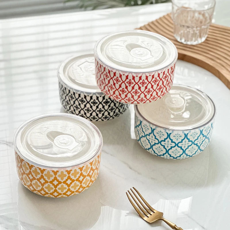 1-Pack 5.3 Inch Bohemian Lidded Fresh-Keeping Bowl, Microwave-Safe Multi-Purpose Fresh-keeping Bowl, Fruit/Salad/Pasta/Rice/Soup by S And B Enterprise
