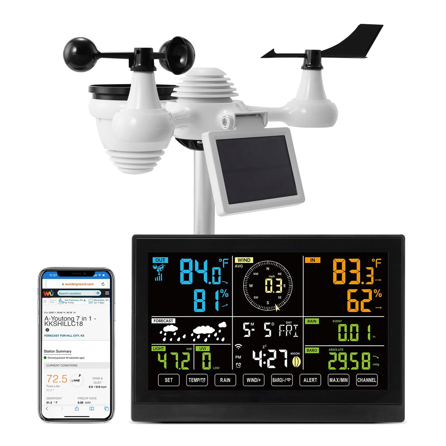 SucceBuy 7-in-1 Wi-Fi Weather Station 7.5 in Color Display + Solar Wireless Outdoor Sensor Alarm Alerts for Temperature Humidity by S And B Enterprise