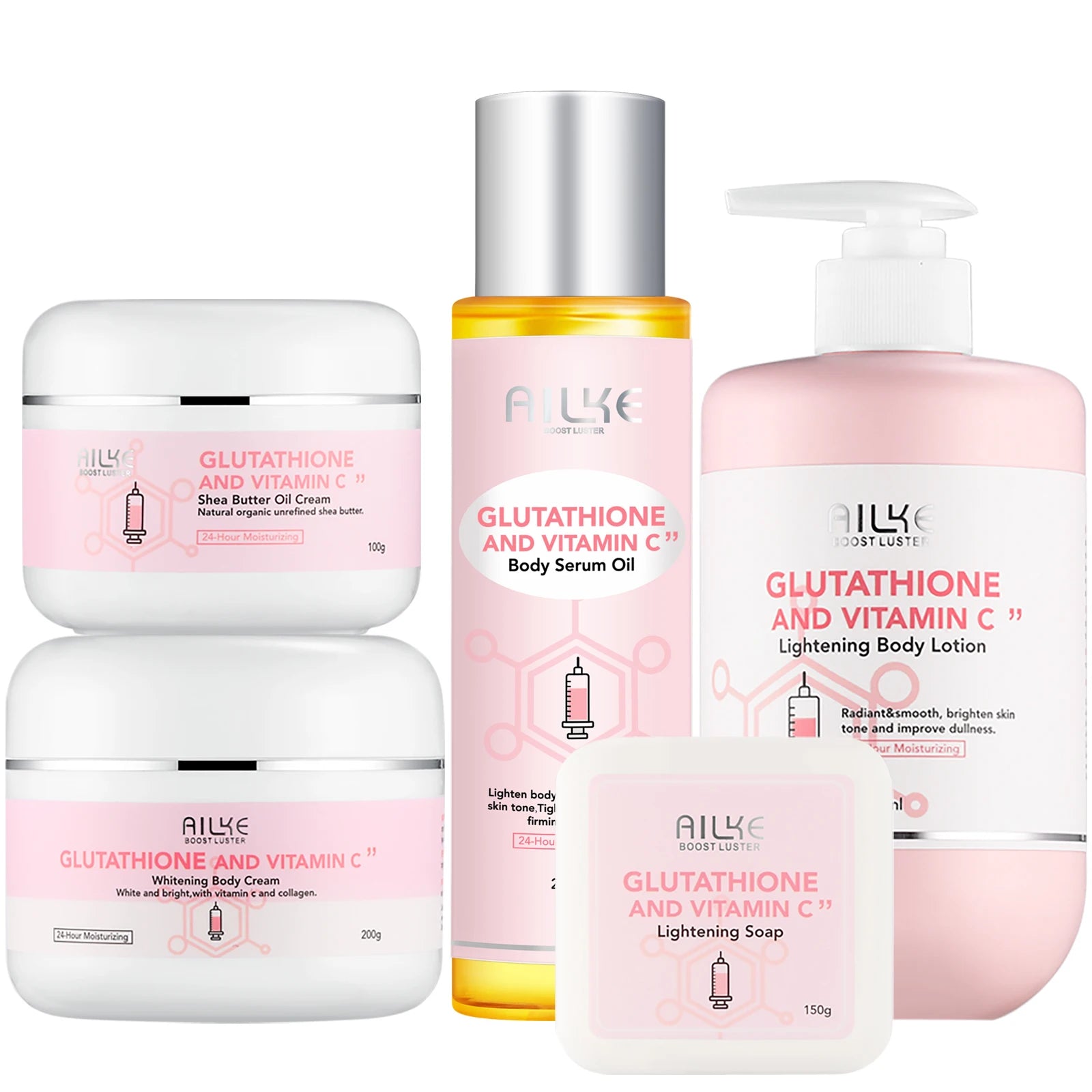 AILKE Glutathione & Vitamin C Kit, With Whitening Lotion, Moisturizing Cream, Lightening Soap, Spa Oil, Glowing Body Cream by S And B Enterprise