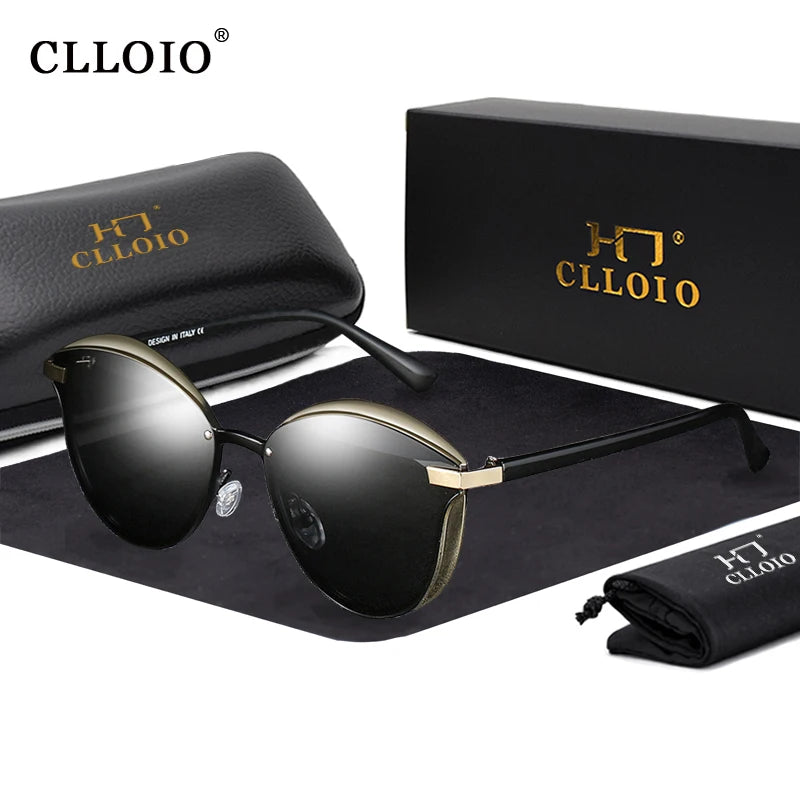 CLLOIO women's sunglasses with round black lenses and gold-tone frame; includes black case and box.