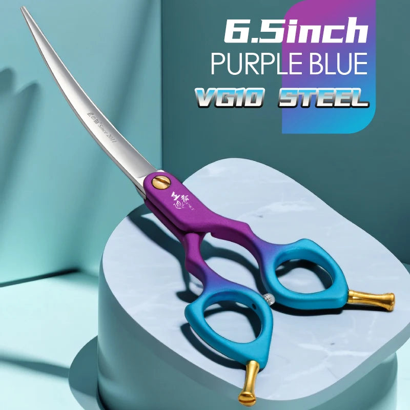 Fenice professional curved pet grooming scissors in purple-blue VG10 steel, 6.5 inches