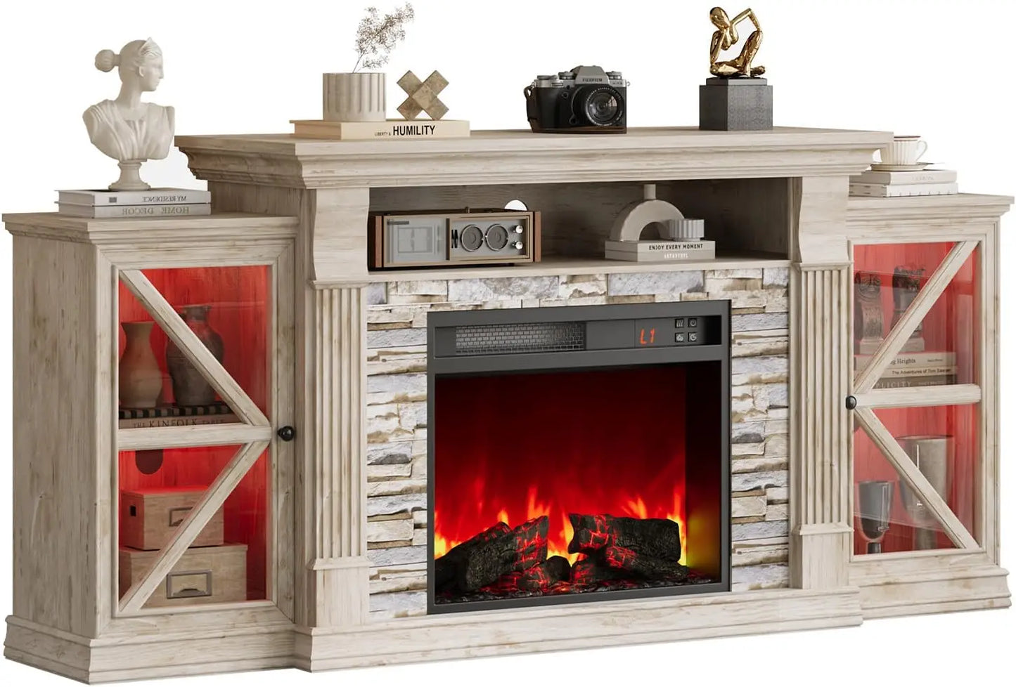 Electric Fireplace TV Stand With Glass Barn Doors And Shelf