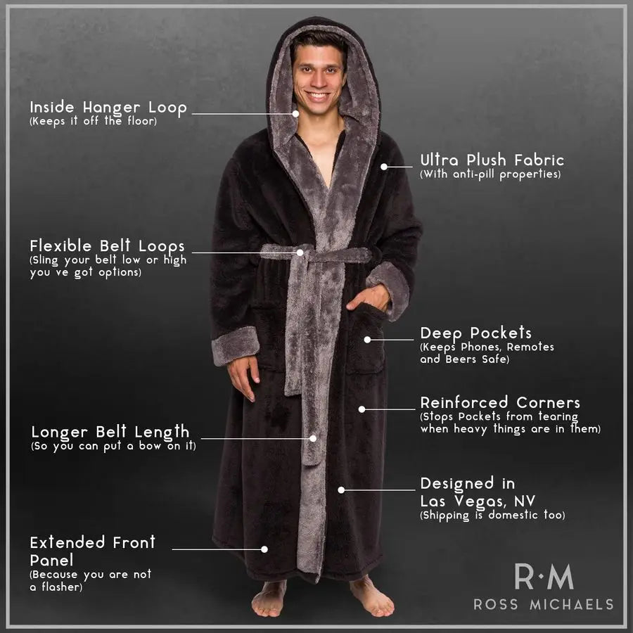 Luxurious Hooded Plush Fleece Bath Robe With Pockets For Men