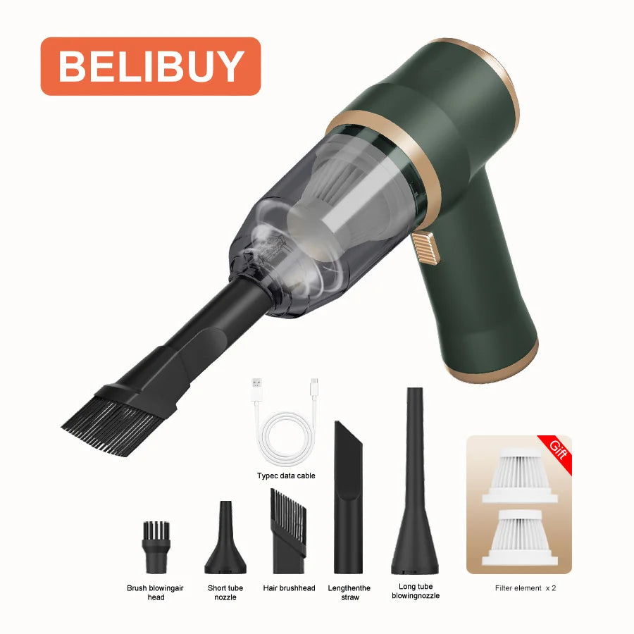 Wireless car vacuum cleaner, green with gold trim, with 2 filter elements, multiple nozzles, and a data cable