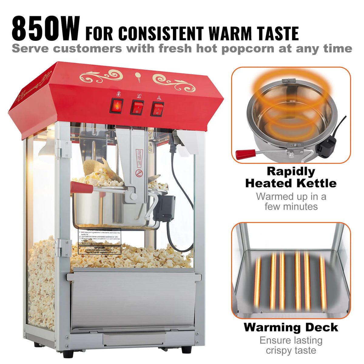 Electric popcorn maker by S And B Enterprise; red top, glass-front cabinet, 8/12oz capacity