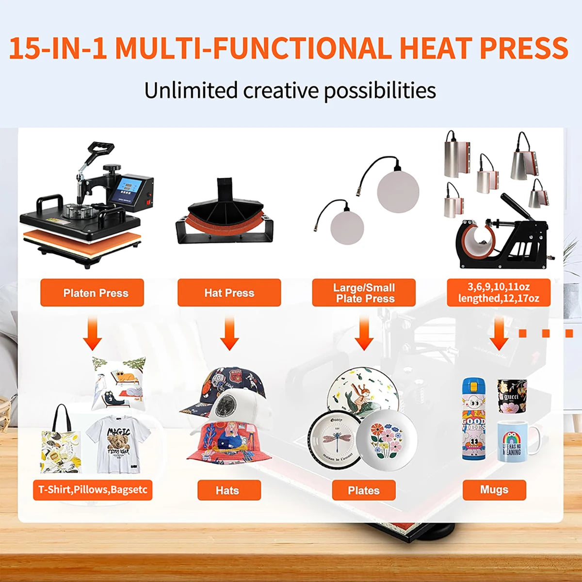 SHUOHAO 15-In-1 Sublimation Heat Press For TShirts Mugs