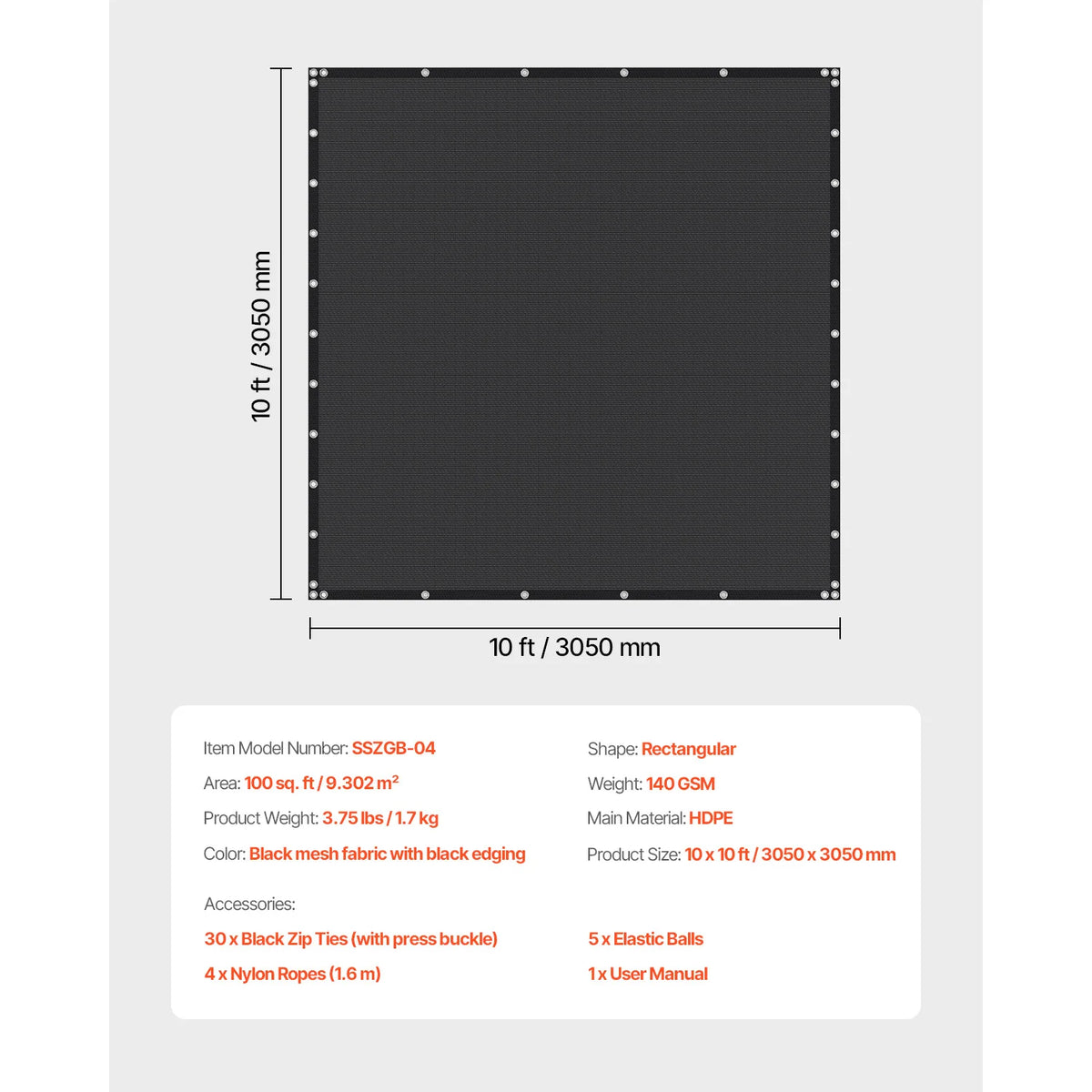 Shade cloth, 10x10 ft black HDPE with grommet edging, 90% shade by S And B Enterprise